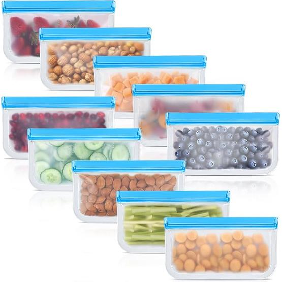 Reusable Silicone Food Storage Bags, 10 Pack 4 Size Leak proof Dishwasher Safe Reusable Freezer Bags for Food Storage Containers, Lunch Bag for Blue (Snack_10p)