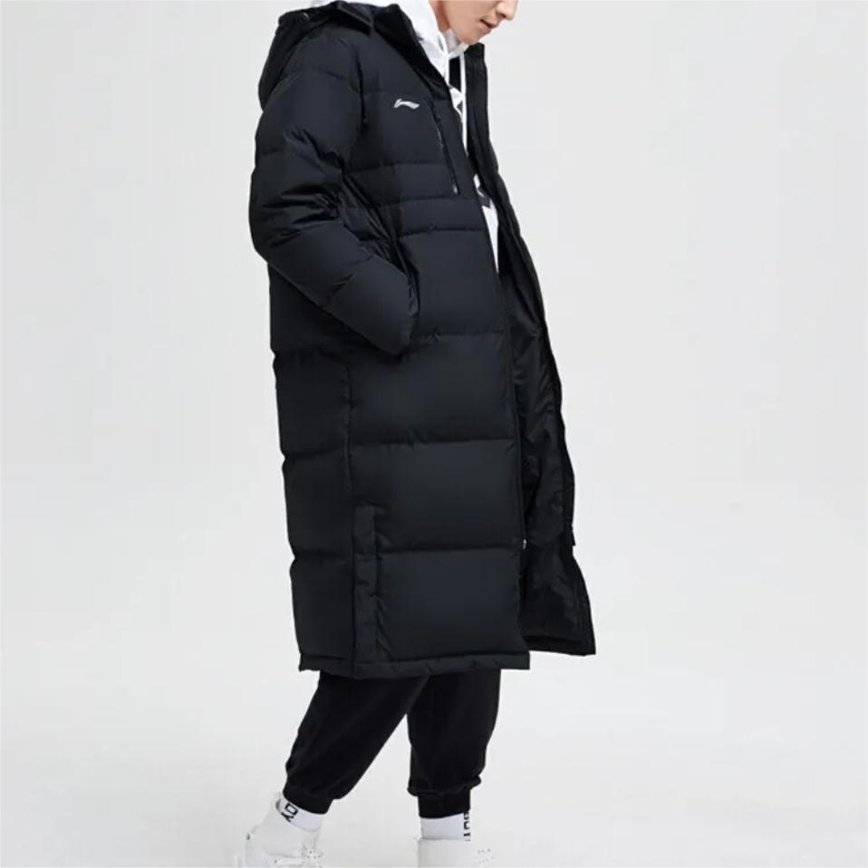 Li Ning Plain Logo Zipper Windbreaker Long Down Jacket Men Outerwear Black YYMT097-1