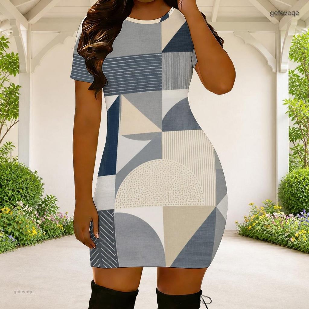 Women Plus Size Round Neck Short Sleeve Blue Pink Geometric Printed Fitted Mini Dress