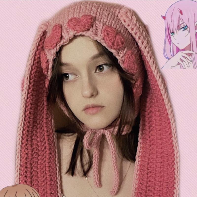 New Handmade Crocheted Solid Color Lace Horn Hat for Adults Funny Fashion Lace Pullover Hat