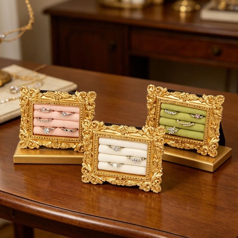 Tabletop Jewelry Display Holder with Ornate Frame, Four Ring Rows for Counter Merchandising, Vanity Storage, and Styling Use