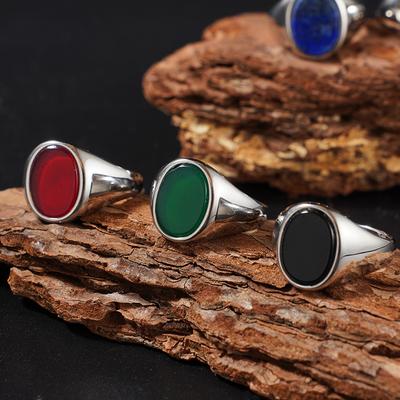 Natural Stone Series for Women Men Elliptical Ring with Real Tiger's Eye Stone 316L Stainless Steel Male Female Turquoise 18k Go