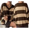New Autumn/Winter Relaxed-Style Knitwear: Loose-Fitting, Fashionable Women’s V-neck Retro Colour-Blocked Striped Jumper