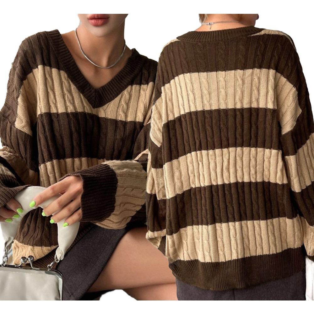 New Autumn/Winter Relaxed-Style Knitwear: Loose-Fitting, Fashionable Women’s V-neck Retro Colour-Blocked Striped Jumper