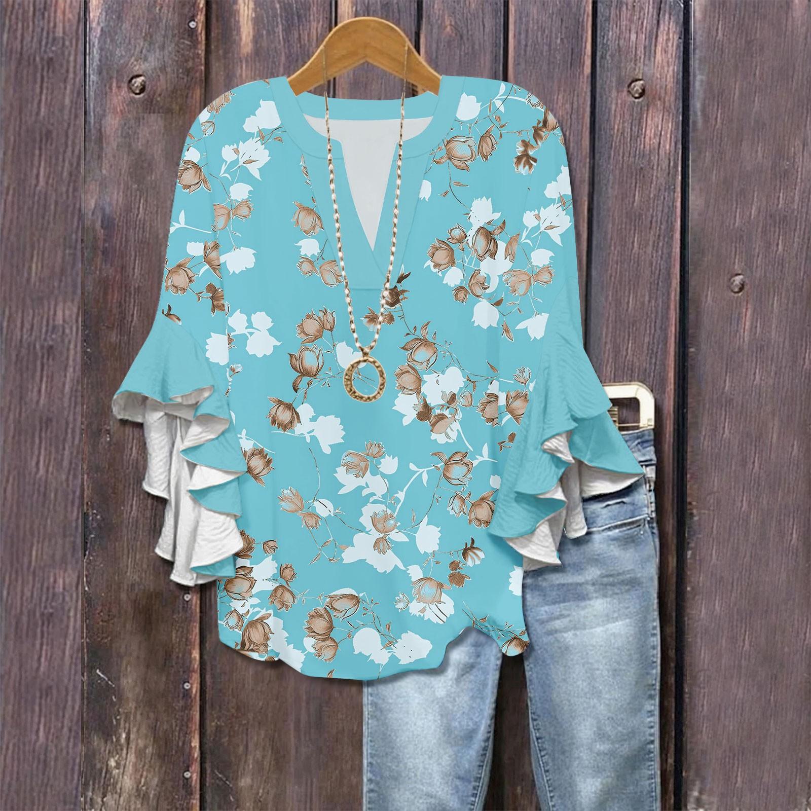 

3/4 Sleeve Shirts For Women Cute Print Graphic Tees Blouses Casual Plus Size Basic Ruffled Sleeve Tops Pullover XXL синій