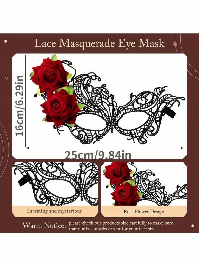 1pc Red Rose Black Lace Masquerade Mask Venetian Style For Halloween Valentine Party