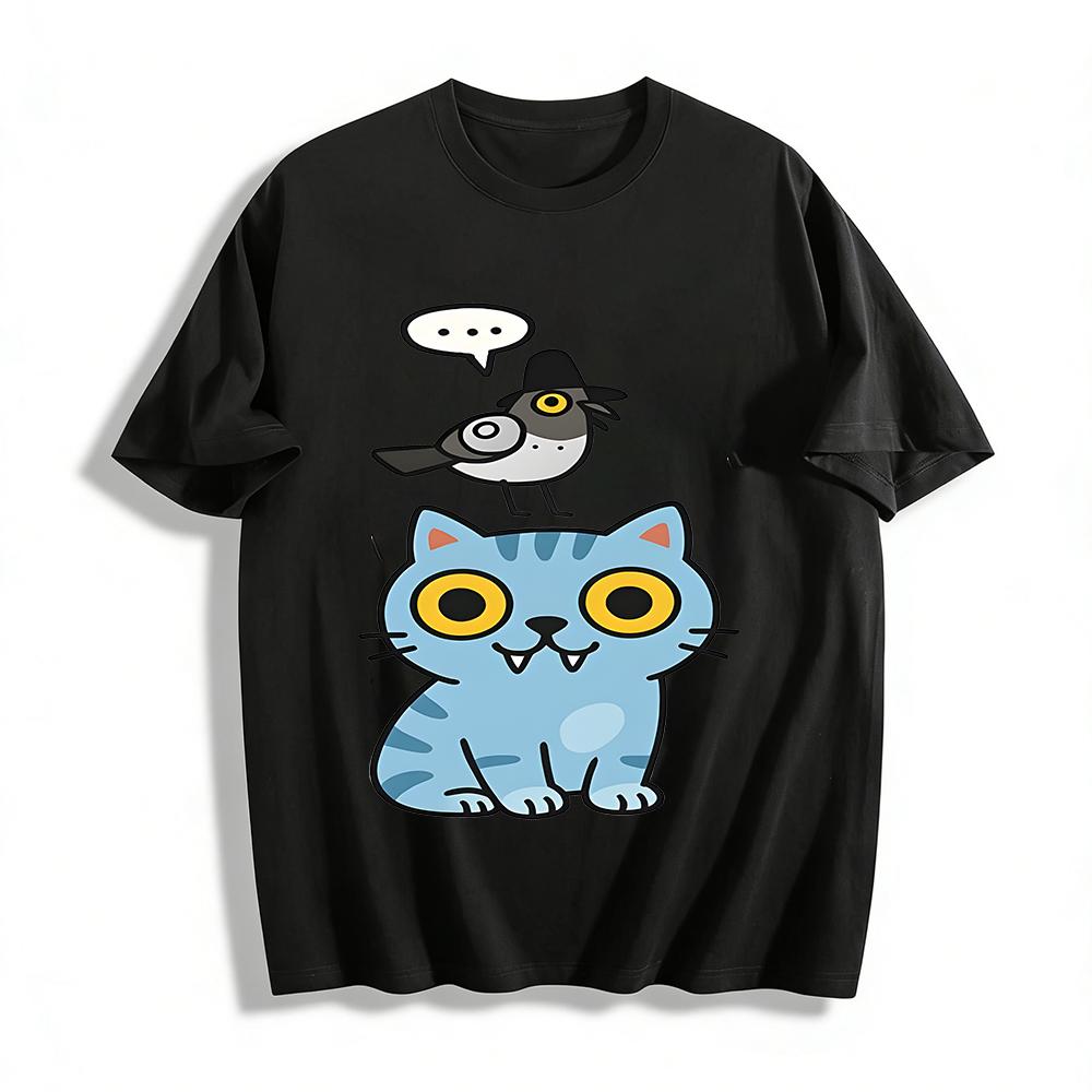 Funny Bird Cat Print T-shirt Casual Loose Fit Unisex Top Cute Animal Pattern Tee Pure cotton T-shirt XXS