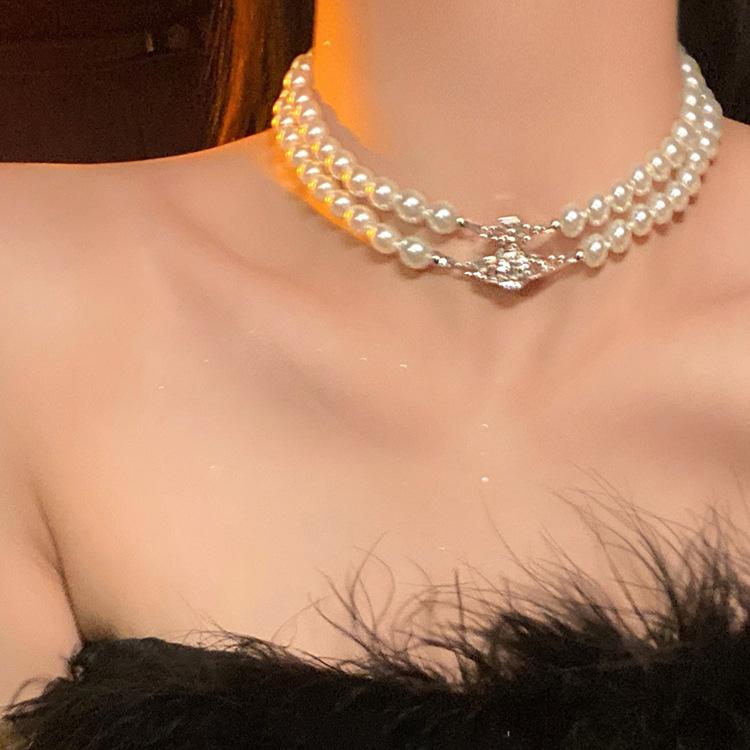 Planet Saturn double pearl necklace female choker light luxury high-end accessories multi-layer niche collarbone neck chain