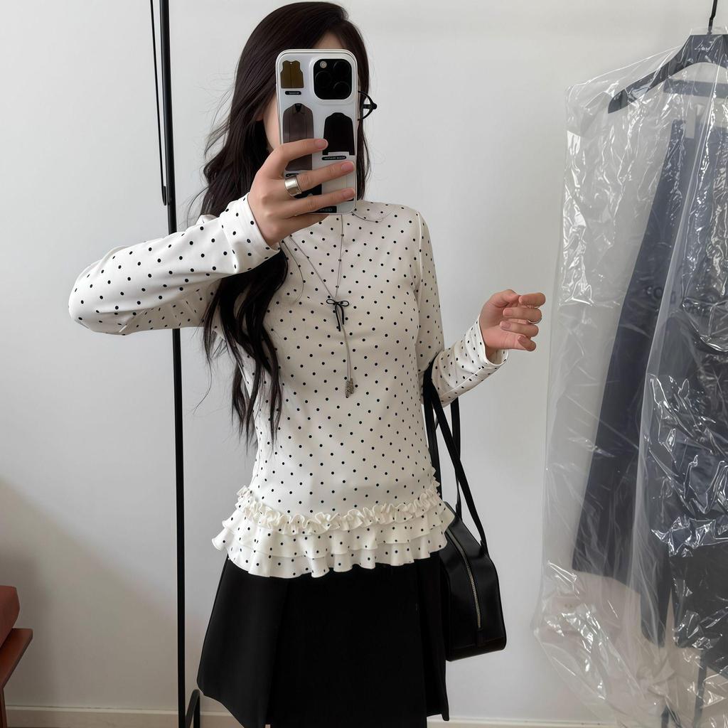 Korean Style Polka Dot Lace Long Sleeve T-Shirt with Ruffled Hem for Women
