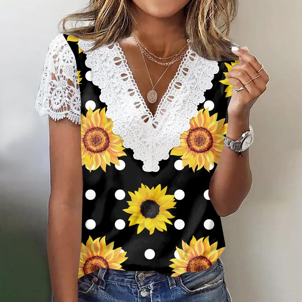 V Neck Lace Short Sleeve Print Ladies Top Summer Fashion Casual V Neck Print Short Sleeve Lace Sleeve T-Shirt Top