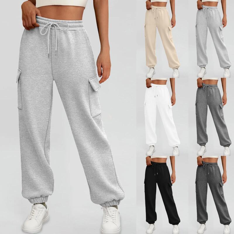 Dámské tepláky s fleecovou podšívkou, volné sportovní joggery s kapsami, podzimní ležérní trendy cargo kalhoty, podzimní outfity