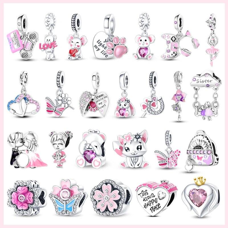 100% argint 925 ursuleț animale fluture floare dragoste inimă roz Brelocuri FitNew original brățară fabricare de bijuterii