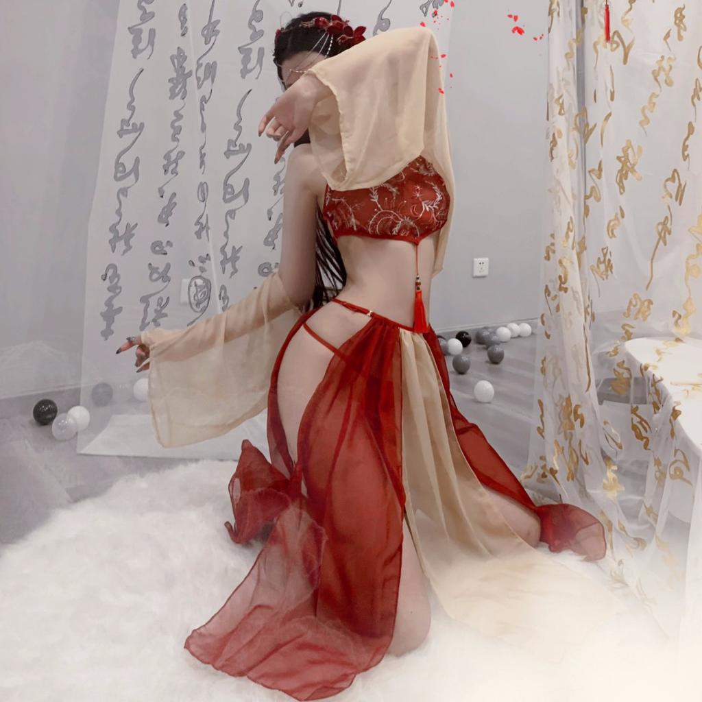 New sex underwear pure desire retro style Hanfu Dunhuang flying phoenix embroidery neck belly pocket Luo gauze skirt set