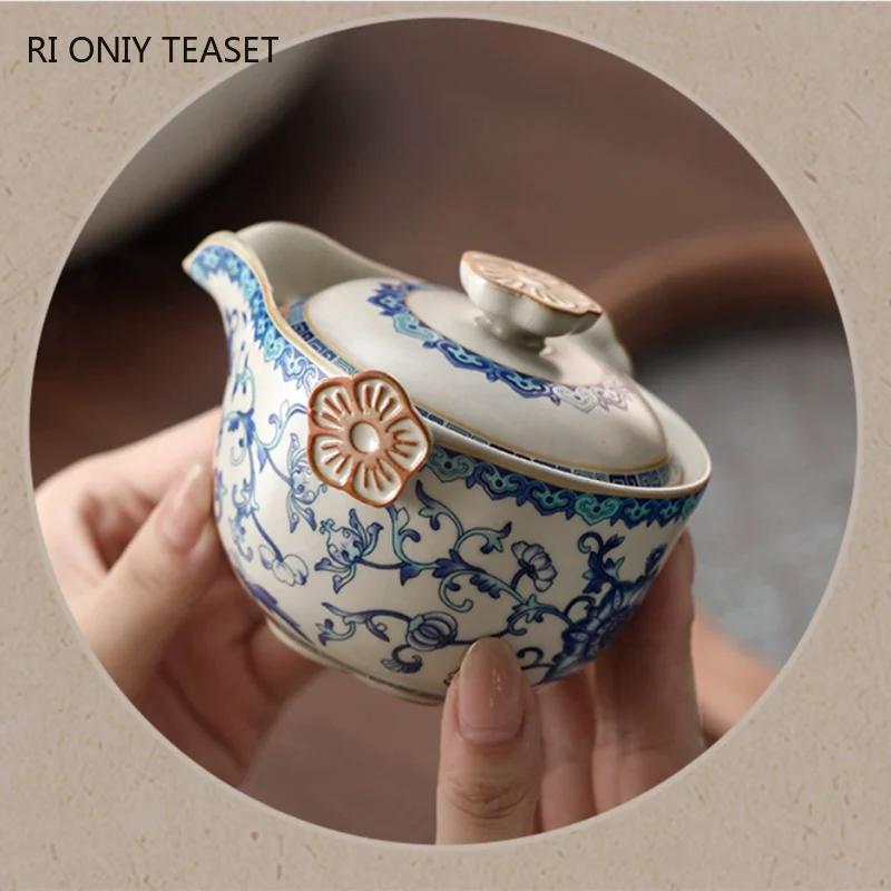 Chinesische Ru-Ofen Keramik Teekanne Teetasse Handgefertigt Blumen Teeschale Schönheit Tee-Sieb Kessel Reise Tragbar Haushalt Teegeschirr