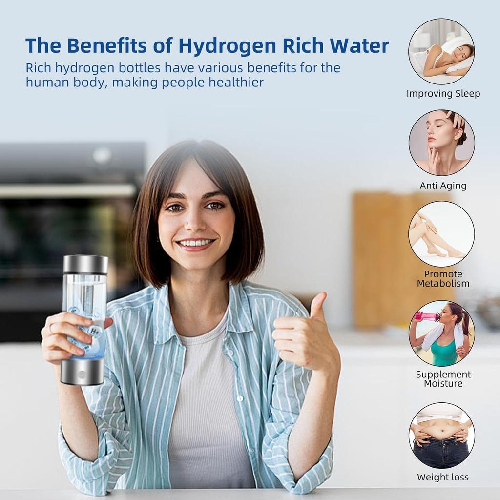 Hydrogen Water Bottle Portable Rechargeable Hydrogen Water Rapid Electrolysis with SPE/PEM Technology for Home Office Travel