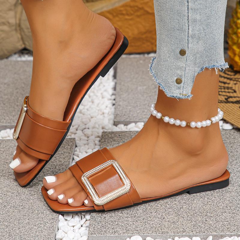 Women Slippers Luxury Designer Sandals Summer Square Root Flat Shoes One-word Buckle Slippers Lightweight Slides Women
