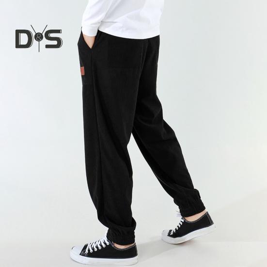 Pánské jarní podzimní kalhoty s bočními kapsami stahovací šňůrka v pase rovná noha tlustá manšestrová jednobarevná volné sportovní kalhoty