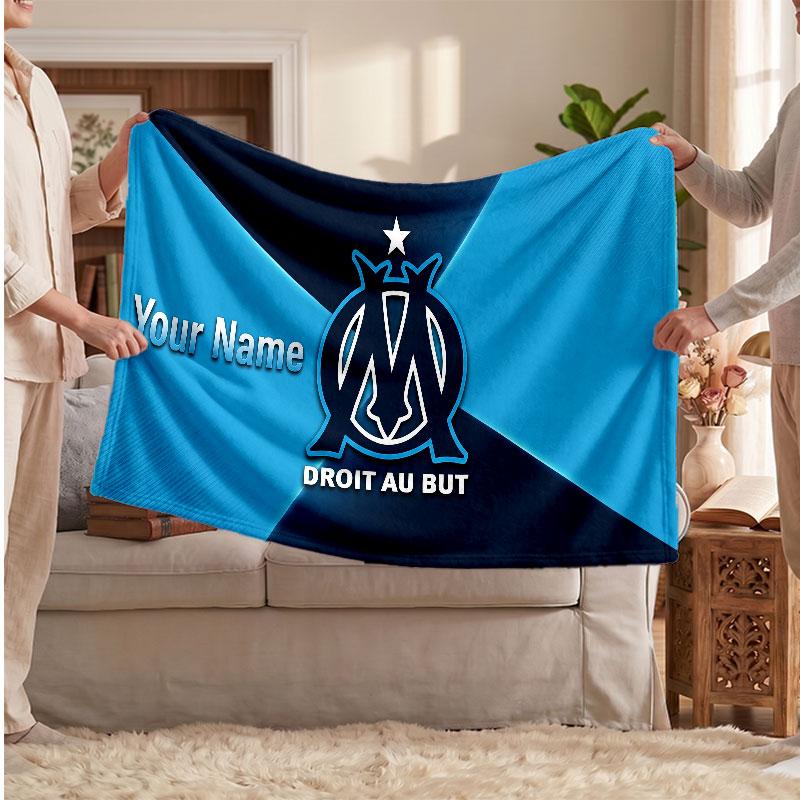 Olympique Marseille FC Personalized Fleece Blanket With Football Logo, Custom Name Text Soft Warm Home Throw Blanket