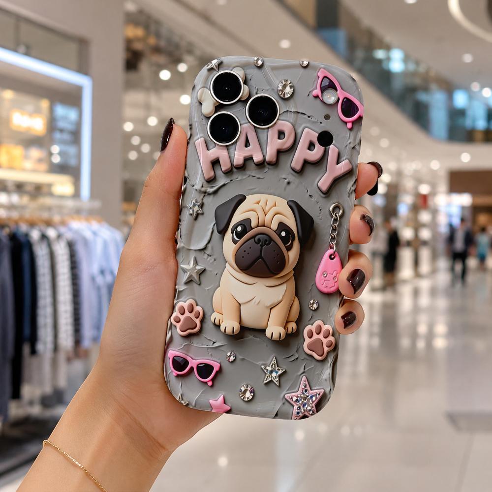Pug HAPPY Letter Sunglasses Star Wavy Edge Phone Case for iPhone 17 16 15 14 13 12 11 8 7 Plus Pro Max Funny Dog