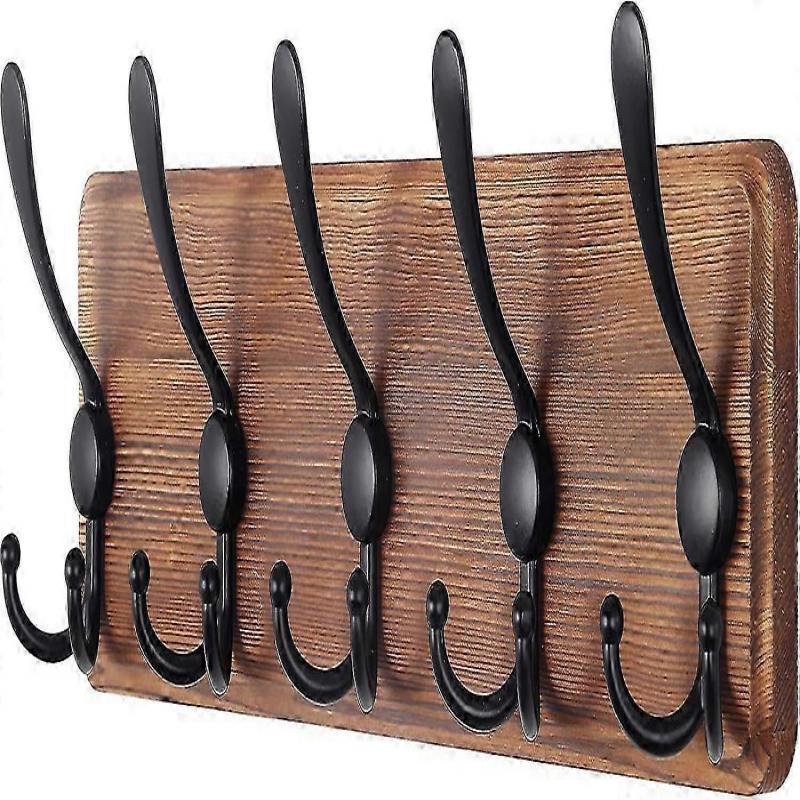 Coat Rack Wall Mounted - Wooden, Heavy Duty, for Wall, 16'' Hole To Hole, with 5 Triple Hooks for Hanging Clothes, Jacket, Hat (Brown)