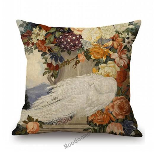 Flower Birds Peacock Floral Oil Painting Parrot Home Decoration Cotton Linen Sofa Throw Pillow Case Beautiful Cushion Cover Case