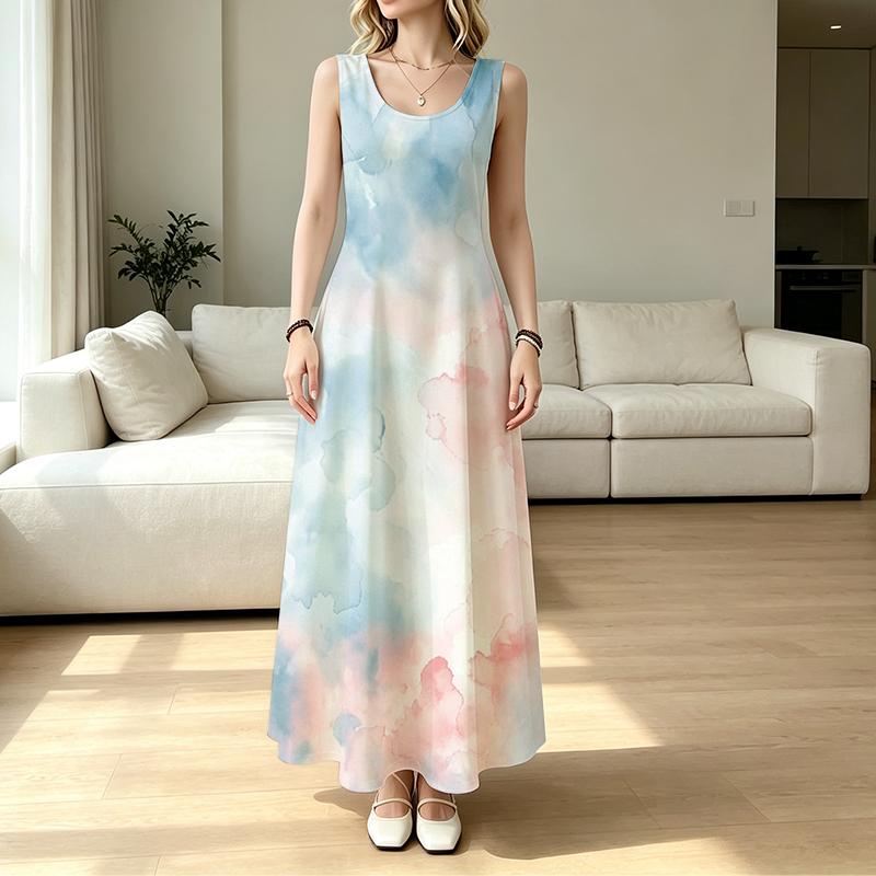Dreamy Pastel Tie-Dye Maxi Dress, Sleeveless Flowy Summer Holiday Boho Sundress with Round Neck