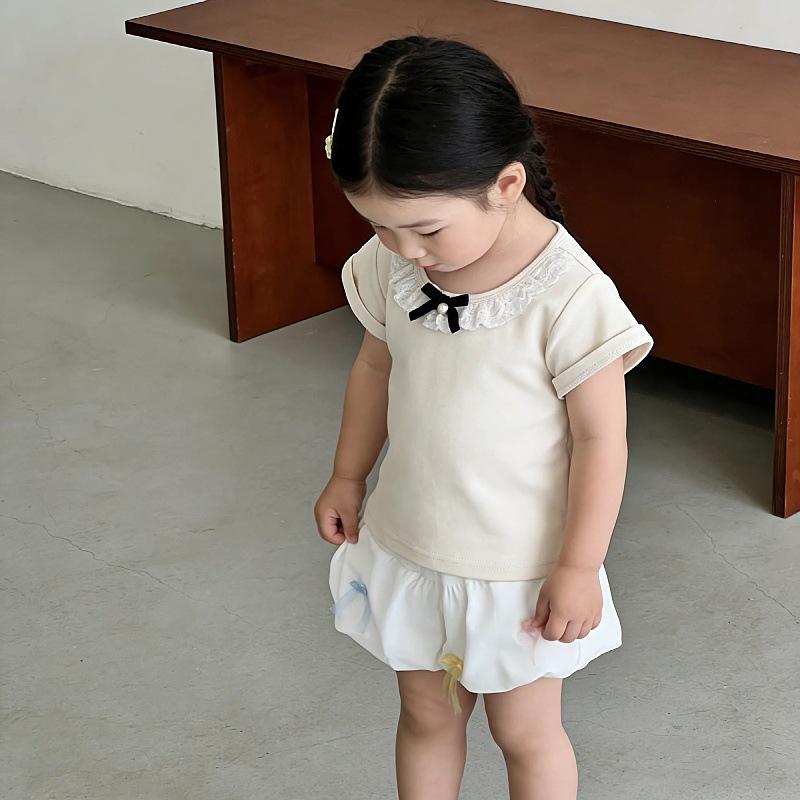 Korean Style Summer 2025 Lace Trim T-shirt & Bloomers Set for Toddlers
