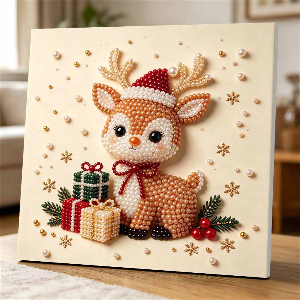 Premium Framed Pearl Art Kit with Cute Christmas Reindeer and Gift Boxes 5D Sparkling Bead Canvas DIY Relaxing Craft for Home Wall Decor Gift