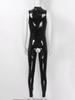 Catsuit en cuir verni brillant pour femmes, bonnets ouverts, body sans entrejambe, col montant, sans manches, slim, Clubwear