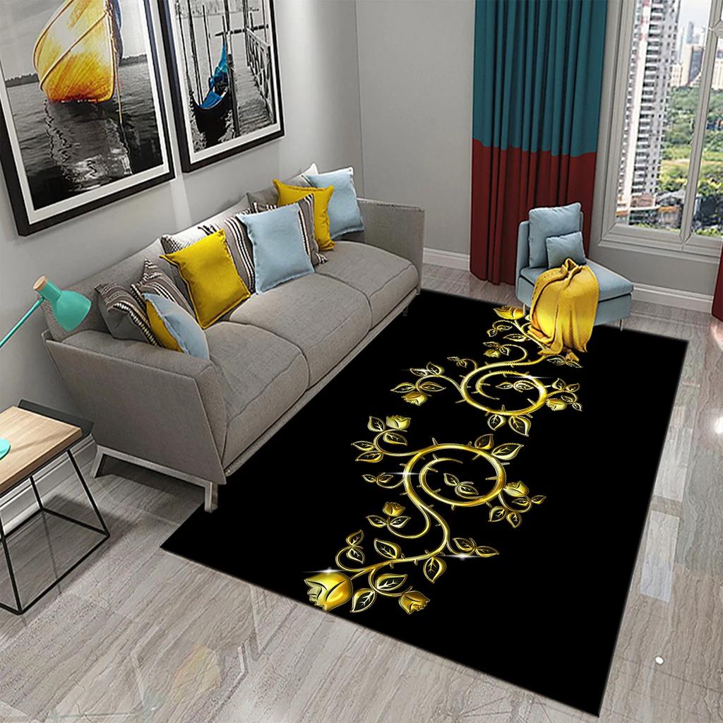 Dywan 3D Czarno-Złoty do Salonu Nowoczesna Luksusowa Dekoracja Abstrakcyjne Dywany do Sypialni Dywanik Podłogowy Kuchnia Łazienka Dywanik Antypoślizgowy