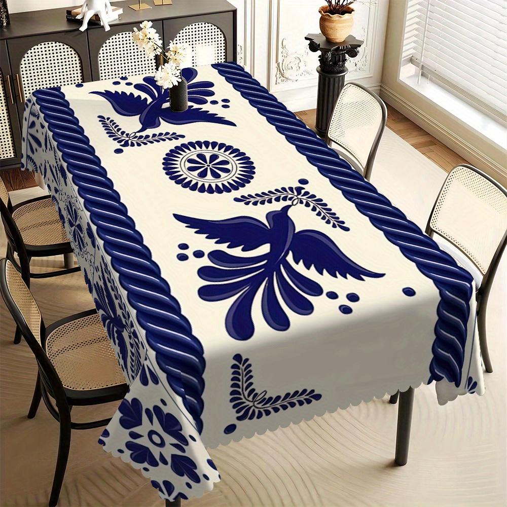 1 pièce Nappe Florale Bleue et Blanche Vintage, Housse de Table en Polyester à Bord Festonné pour Salle à Manger, Cuisine & Décoration Intérieure 90x140cm