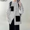 Men Casual 3/4 Sleeve Round Neck Splits Striped Print Oversized T-Shirts Tops