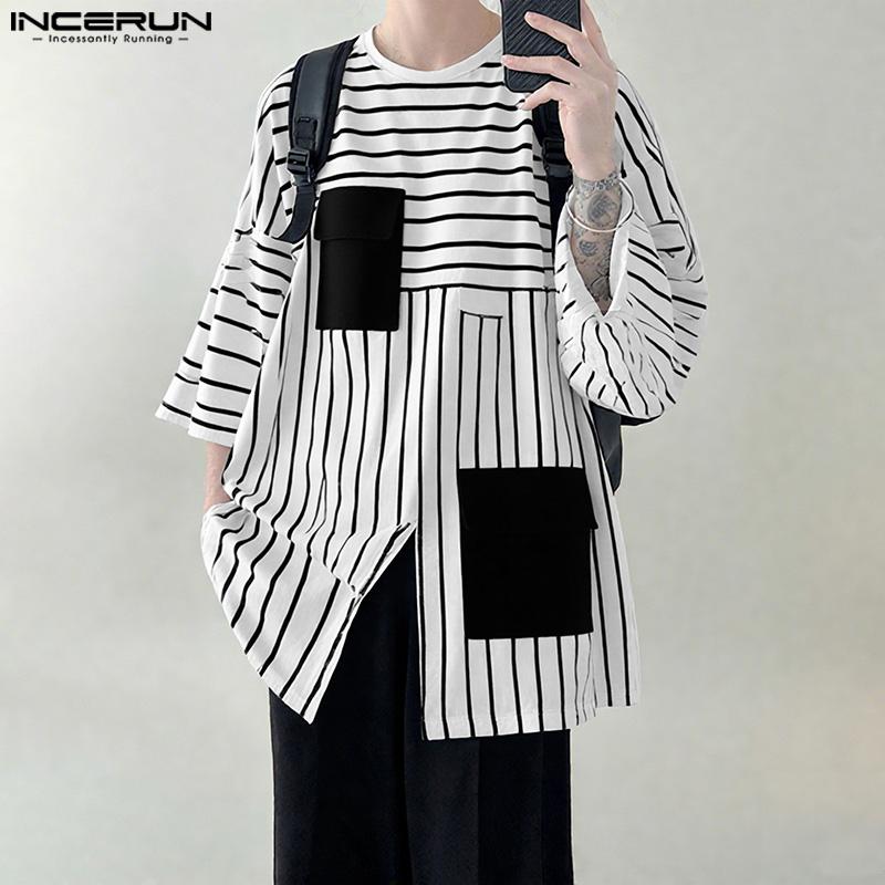 INCERUN Men Casual 3/4 Sleeve Round Neck Splits Striped Print Oversized T-Shirts Tops