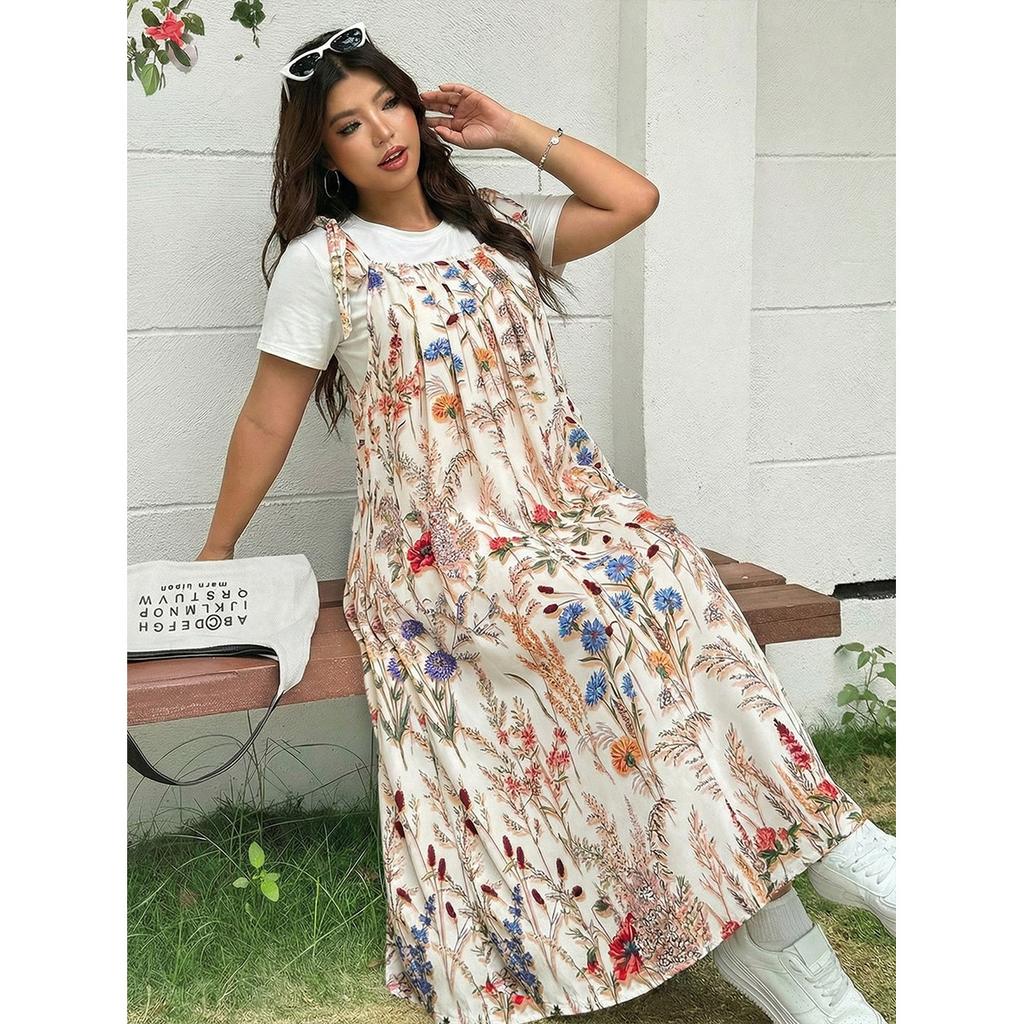 Floral Print Overall Dress Loose Plus Size Sleeveless Long Dress Layered Versatile Vacation Printed Dress Elegant Fashion Comfortable Dress