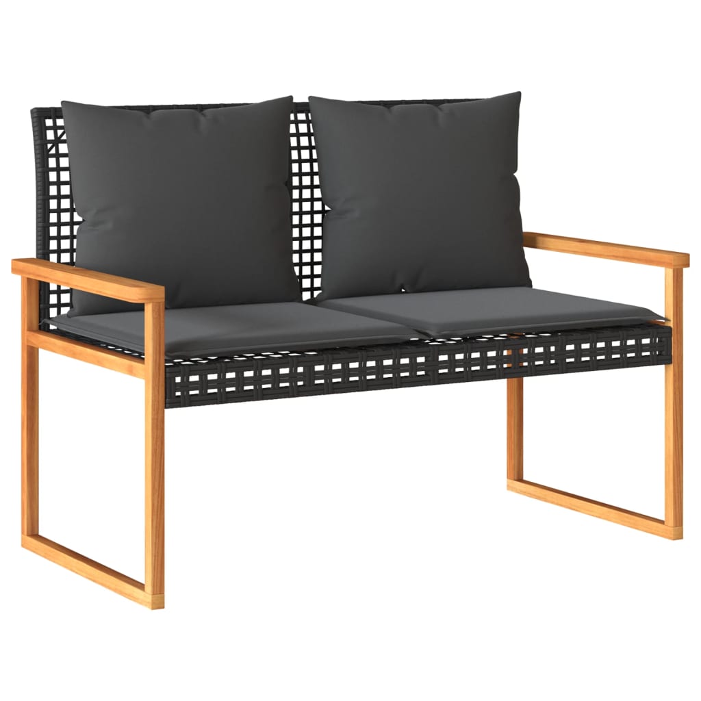 Vidaxl Garden Bench with Cushion, Black, Poly Rattan and Acacia