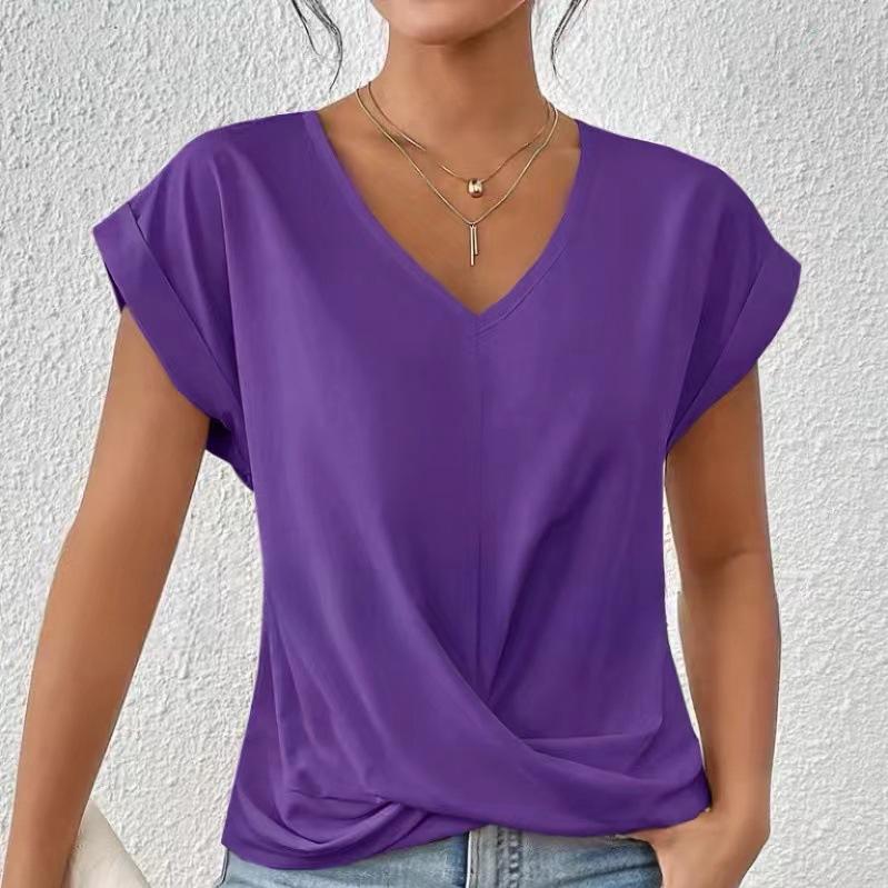 Women's Solid Color V-neck T-shirt Elegant Short-sleeved Blouse Spring and Summer Casual Women's Clothing