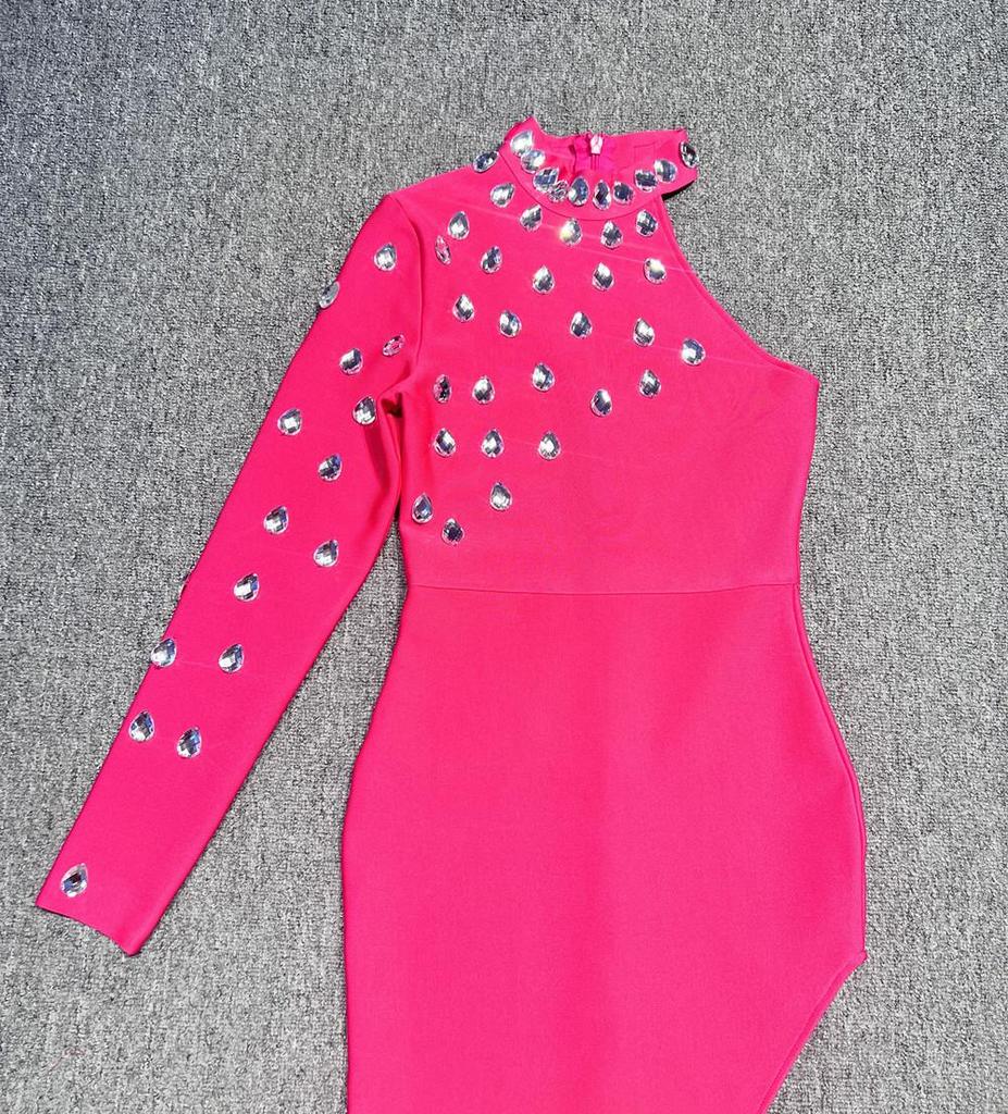Luxury Studded One-Shoulder Slim-Fit Bandage Dress