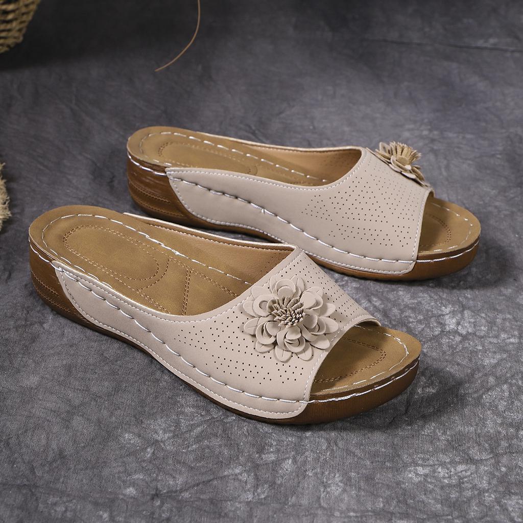 South East Asia Large Size Thick Bottom Hollow One-Word Slippers Open-toed Flower Slope Heel Beach Cool Slippers