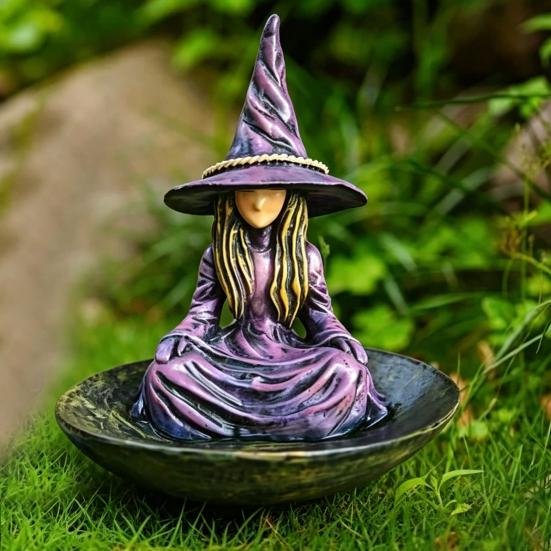 Meditating Witch Garden Bird Feeder Resin Witch Statue Outdoor Hanging Seeds Feeder for Outside Zen Garden Patio Backyard Decor