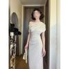 Irregular Waist Temperament Hip-wrapped Pleated Dress Women's Clothing Summer Swing Collar Slanted Shoulder Off-the-shoulder Temperament Medium and L