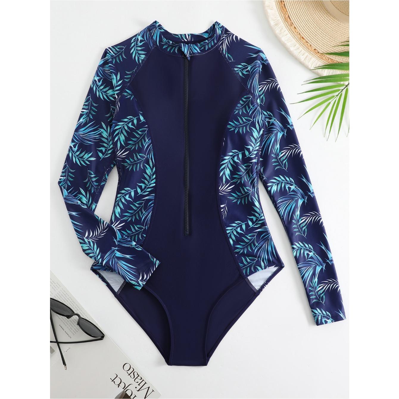 

Модный женский слитный купальник с длинным рукавом и принтом для серфинга, летняя пляжная одежда M темно-синий