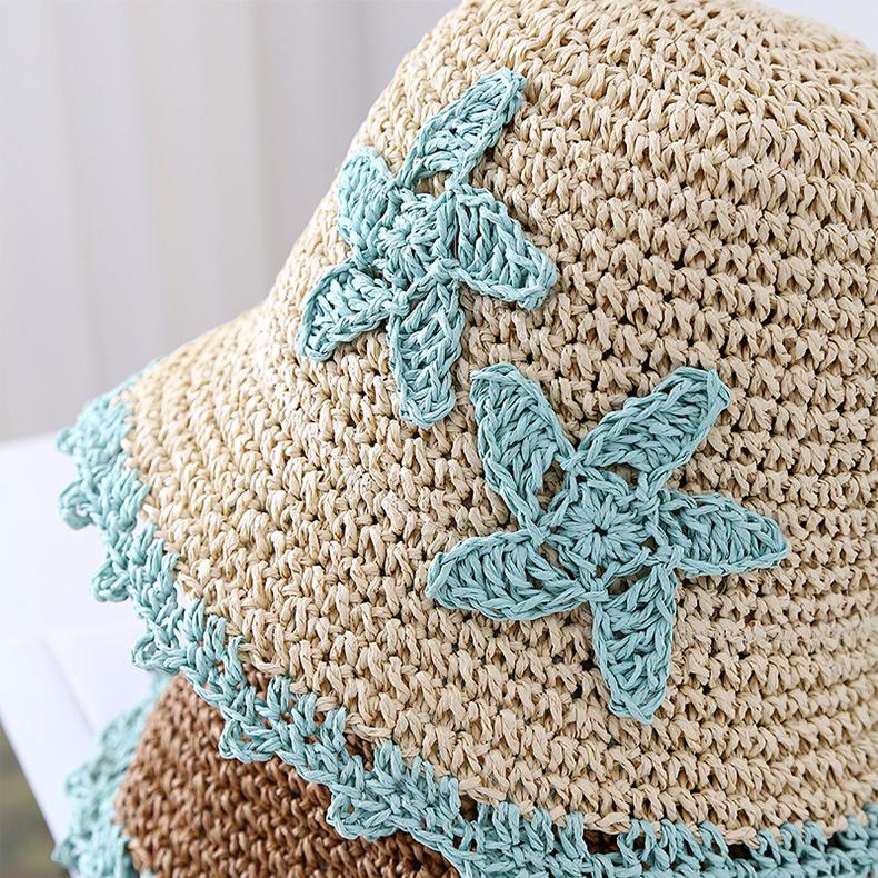 New Contrasting Color Star Big Brim Woven Straw Hat Women's Sunscreen Sunshade Sun Hat Beach Bucket Hat