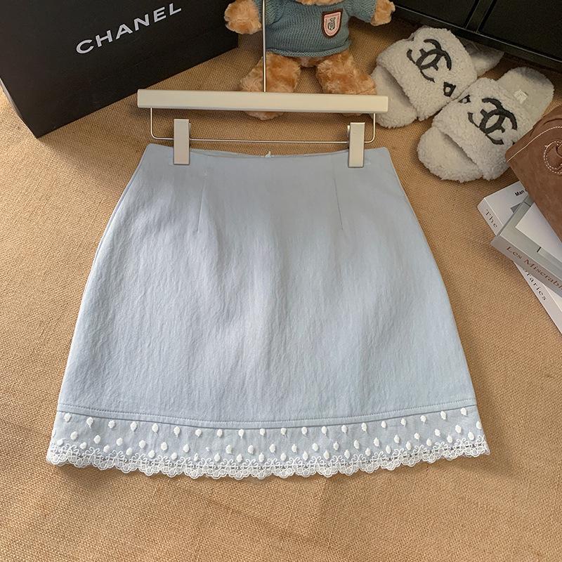 

Women s Slimming A-Line Lace Trim Skirt - High Waist, Anti-Exposure, Hip-Hugging, Spring/Summer S небо синє кольору