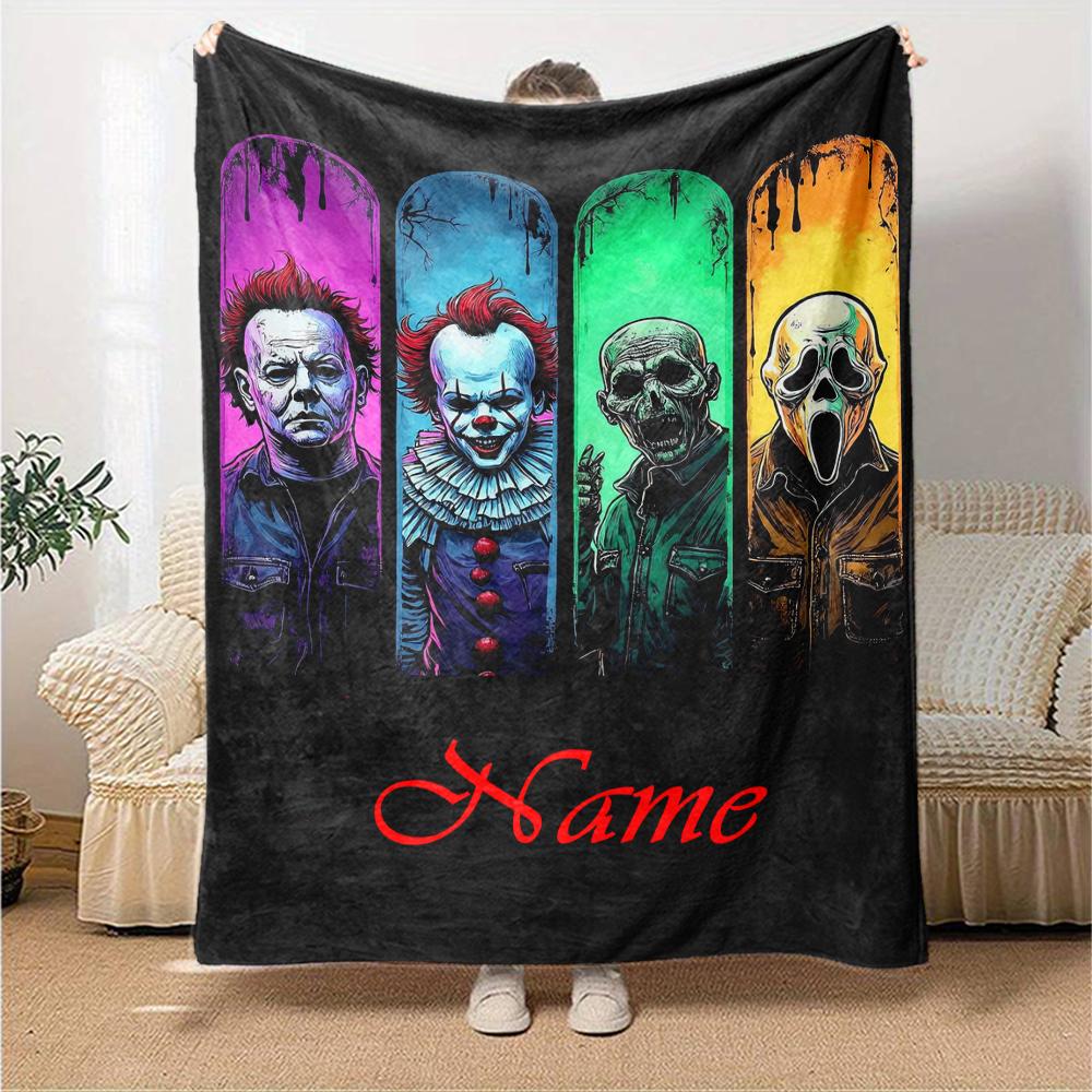 Custom Name Halloween horror Theme Printed Blanket - Perfect for Couch, Bed, Travel & Outdoor Use | Machine Washable, Cozy & Durable.