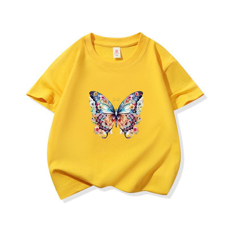 Kids Cotton T Shirt Colorful Floral Pattern Butterfly Print Crew Neck Short Sleeve Tee Casual Boys Girls Summer Tops