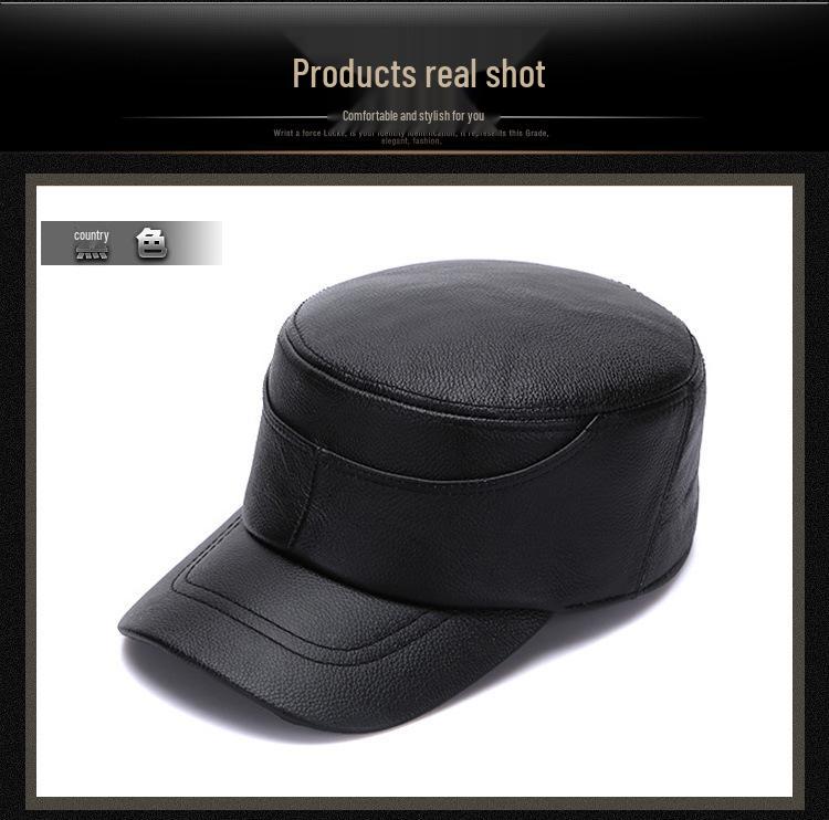 Męska Czapka z Daszkiem typu "Kaczka" ze Skóry Bydlęcej - Ciepła w Stylu Wojskowym na Jesień i Zimę