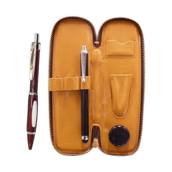 2-Pack Zippered Compact Pen Case with Touch Pen and Red Ballpoint Pen Set (Model T23-S708-B989A-R-2) - Made in Japan