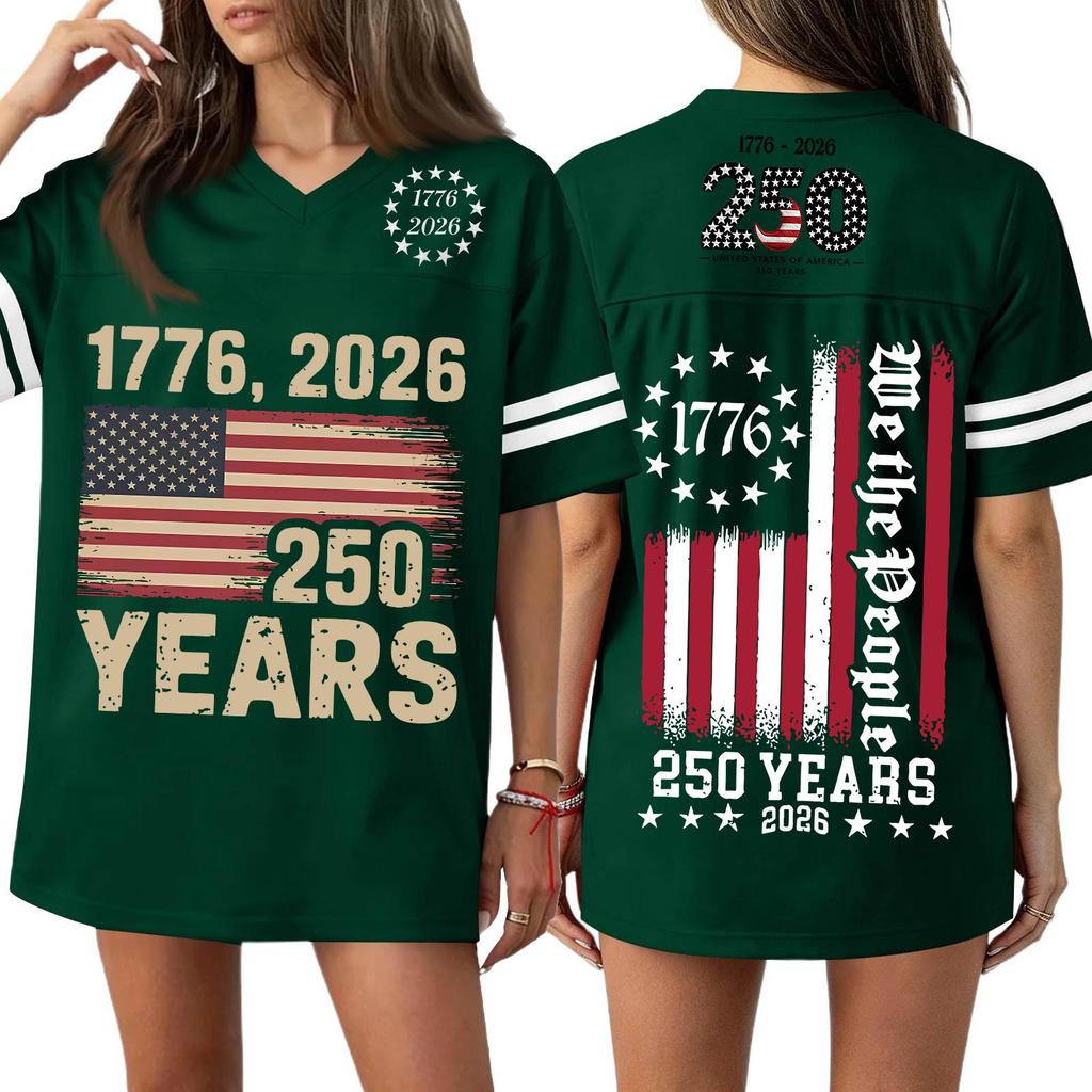 Women's Casual V Neck Jersey Shirt Short Sleeve Athletic Top 250th Anniversary Independence Day Printed T Shirt Loose Fit