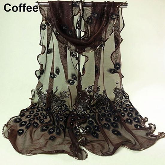 Women Fashion Peacock Flower Embroidered Lace Scarf Long Soft Wrap Shawl Stole