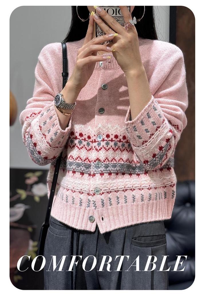 Stylish Women's Round Neck Jacquard Knit Cardigan - 2025 Autumn/Winter Thick Outerwear Sweater